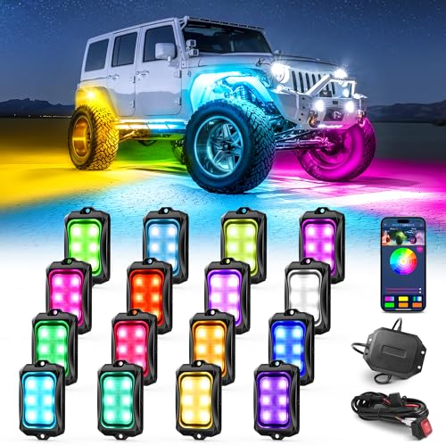 MICTUNING 16 Pods RGB+IC Rock Light Kit | Chasing Color Dynamic Lighting Modes | for Trucks Jeep UTV ATV RV Boat SUV| Extendable to 24 Pods | APP Control | IP68 Waterproof