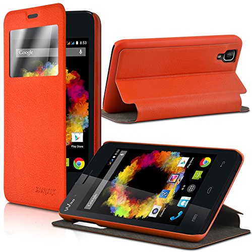 Seluxion - Housse Coque Etui S-View Fonction Support Couleur Orange pour Wiko Sunset + Film de Protection
