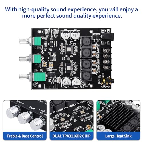 Image of ZK-1002T RPO 2.0 Channel Bluetooth 5.0 Amplifier Board 200W HiFi Subwoofer Audio AMP with Treble and Bass, BT USB and AUX Inputs, DC 12-24V 2.0 Channel Stereo AMP Module for DIY Speakers