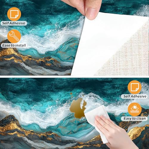 Image of Nuxovilar Teal Gold Marble Vein Wallpaper Peel Stick Vinyl 15.75x39.37