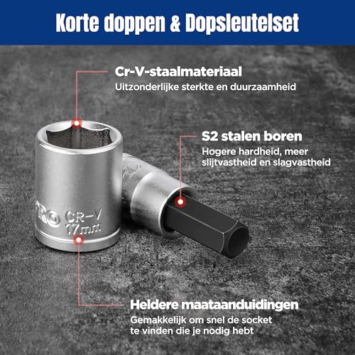 WORKPRO 3/8 inch dopsleutel- en ratelset, 14-delig, inclusief 12 korte en bitsteeksleutels, 72-tands ratel met magnetische steekrailhouder, voor thuisreparaties - Afbeelding 6