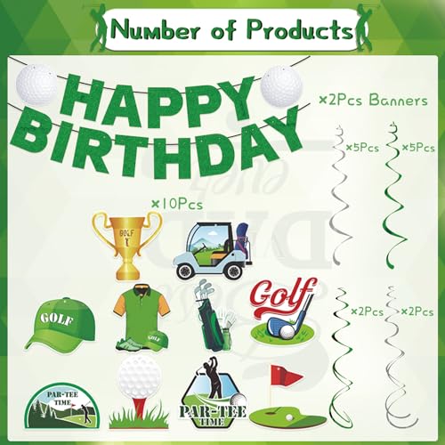 Image of Gameza Golf Birthday Party Decorations, 16PCS Golf Happy Birthday Banners Hanging Swirls Decorations, Men's 40th 50th 60th Decor