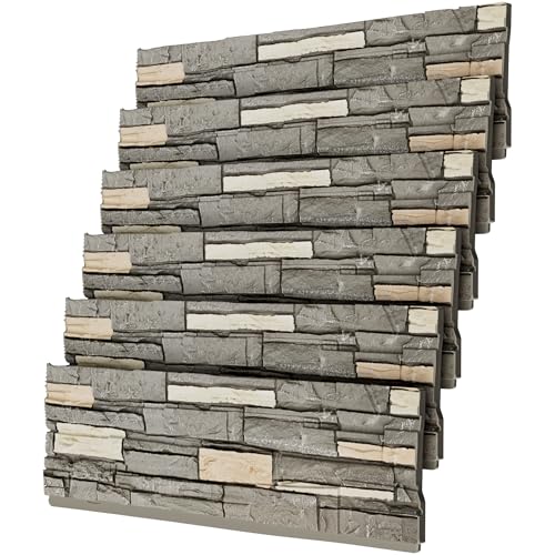 Faux Stone Wall Panels, 6-Pack PU Stone Veneer for Indoor/Outdoor, 3D Artificial Rock Siding for Fireplace Surround & TV Accent Wall, Roman Black Rock B, 44.9"x 11.8"