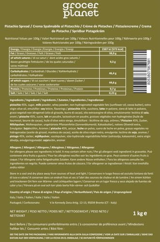 Grocer Planet - Süße Pistaziencreme (1Kg) | Mit 45% Pistazien aus Sizilien | Italienische Gourmetküche | Geeignet für Frühstück und Desserts