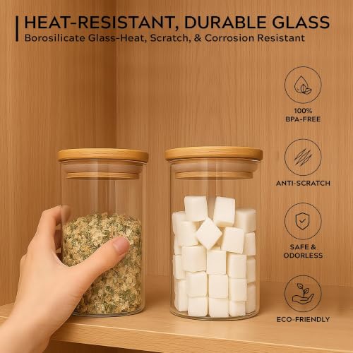 Image of Home Puff Glass Canisters for Snacks, 750ml Borosilicate Glass Jars with Airtight Bamboo Lids, Leak-Proof Kitchen Storage Containers for Namkeen, Makhana & Dry Snacks - Pack of 6