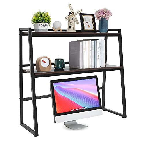 Ithwiu 2-Tier Multipurpose Solid Wood Desktop Hutch Shelf For Computer Desk, 35.5 Inch Adjustable Display Shelf Rack Organizer For Office Supplies Organizer, Home Decor-Brown #TOP17