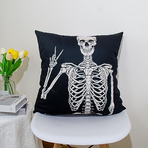 DILOXNSU Cushion Covers 45 x 45 cm Halloween Skull Skeleton Posing Black Double-Sided Square Modern Decorative Pillows Covers for Room Sofa Outdoor Chair Decor Cushion Cover 18 x 18 inch - Image 4