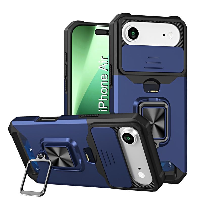 Image of LuxuryKase Shockproof Armor Case for iPhone Air | Slide Camera Cover | Hidden Card Slot | Rotating Ring Kickstand | Magnetic Car Mount Support | Military Grade Protection - Blue