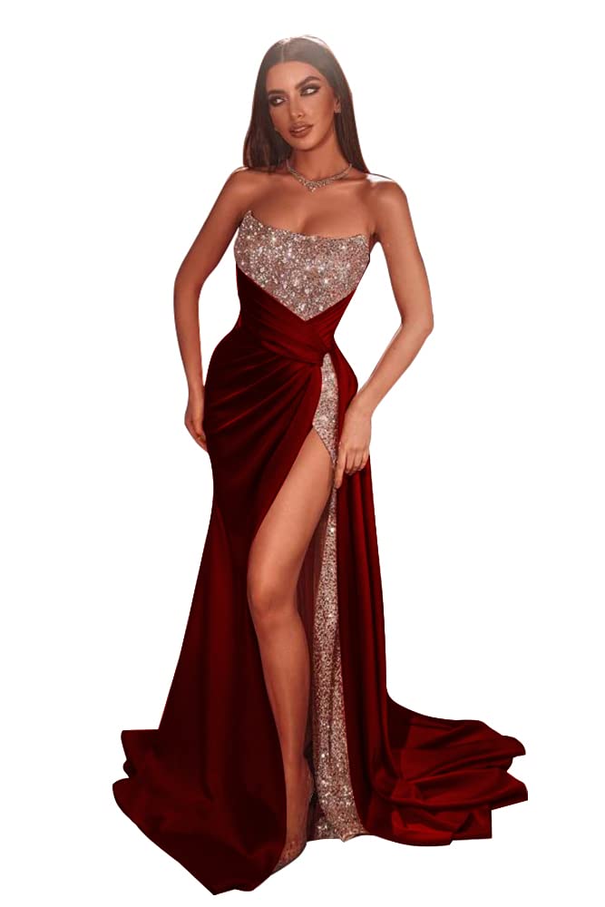 Strapless Sequin Satin Prom Evening Dresses Long with Split Sexy