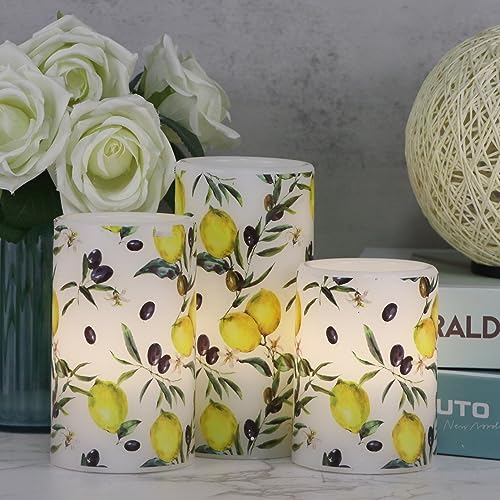 Image of Flameless Pillar Wax Candles with 6 Hour Timer Battery Operated 3 Packs Lemon Decals LED Flickering Candles Yellow Light Holiday Wedding Spring Home Decoration Candle(3 x 4, 5, 6 Inches)