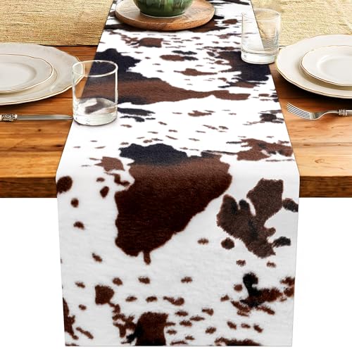 Fttoyoly Cow Print Table Runner, Soft Faux Fur Western Decor for Dining Table, Farmhouse Home Decor, Rustic Centerpiece for Kitchen Dining Room, 11'' W x 70'' L