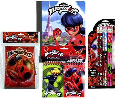 Miraculous Ladybug Writing Stationery Set- Diary with Lock, Composition Book, Notepads, 6pk Pencils