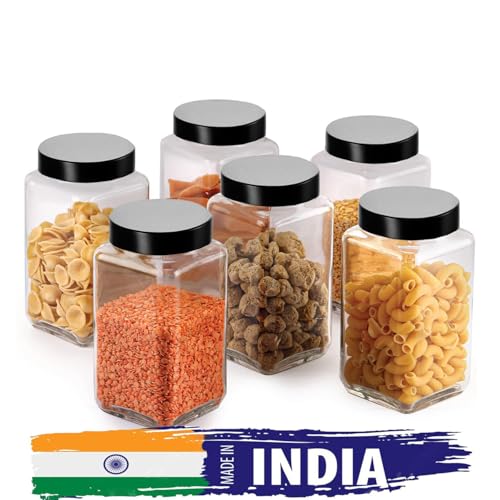 Image of Brezzycloud Glass Cubical Square 1000ml Transparent Glass Jars & Containers for Kitchen Pantry, Masala, Pickles, Cookies, Dry Fruits, Coffee Storage glass jar with Black Plastic Lid (1000ml, Set Of 6)