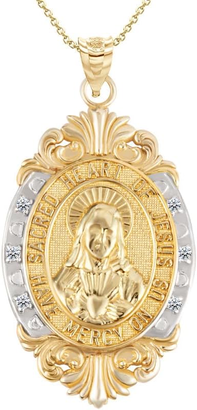 10K or 14K Two-Tone White & Yellow Gold Diamond Accented Sacred Heart Of Jesus Victorian Frame Pendant Necklace - Choice of Pendant Only or Chain Length