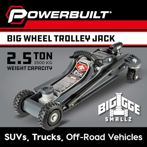 Image of Powerbuilt Biggie Smalls 2.5-Ton Off-Road Trolley Jack with 4 inch Oversized Wheels, Saddle Extension, Integrated Handle Storage, Portable Design for SUVs, Trucks, and Off-Road Vehicles 620683ECE