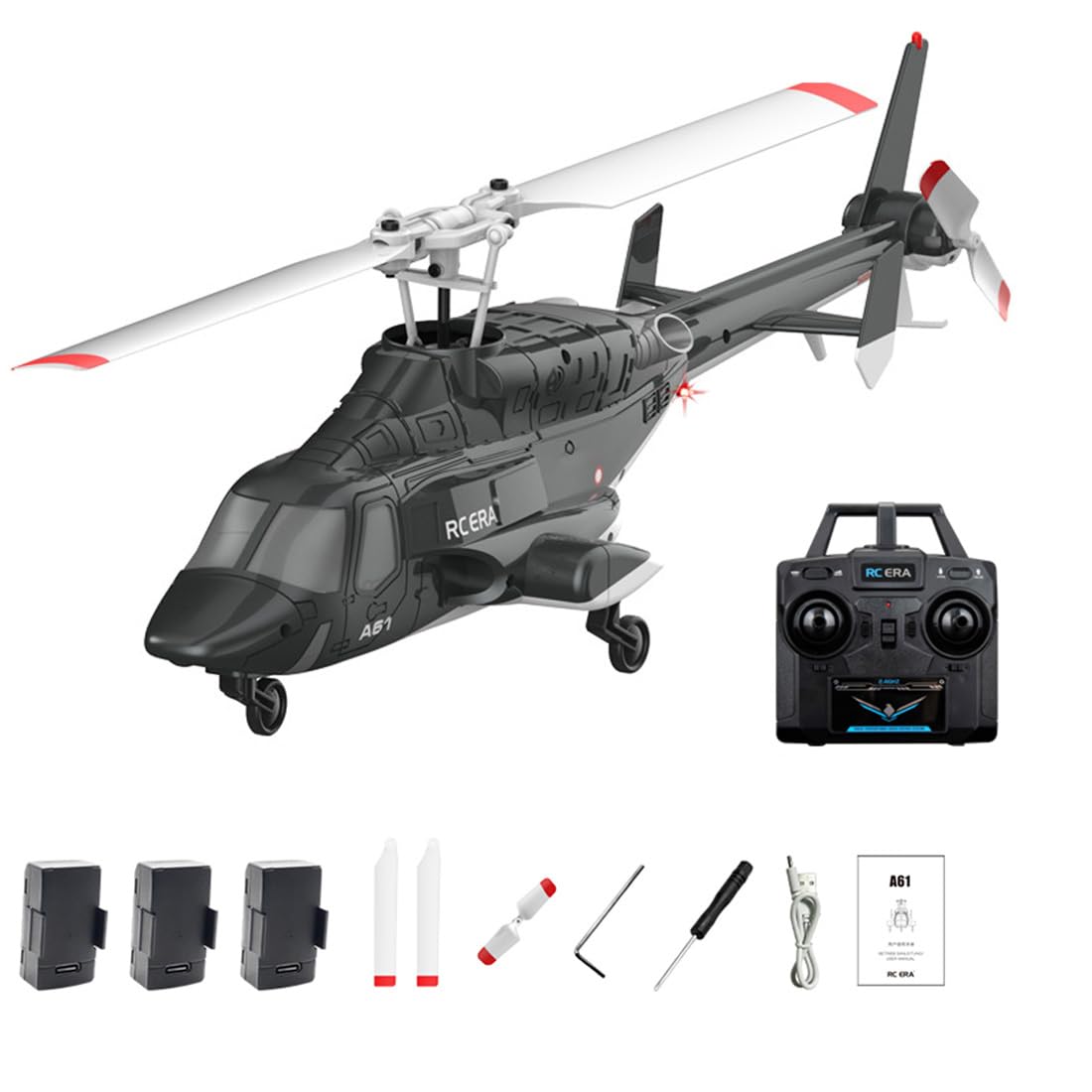 A61 Little Air-wolf RC Helicopter, 1/52 Scale 2.4G 4CH Single Rotor Remote Control Helicopter with One-Key Takeoff/Landing & LED Lights for Adults Beginners - RTF