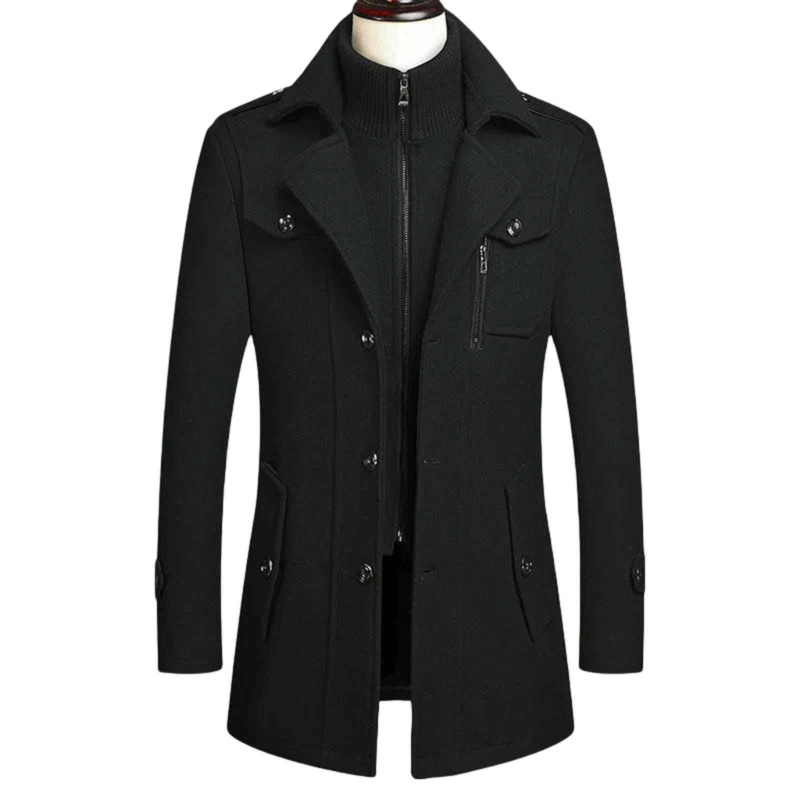 Cappotto Uomo Mens Cappotti Breve Inverno Imbottito Trench Coat per Casual Business Outwear Miscela Spessa con Collo Interno rimovibile-nero-4xl