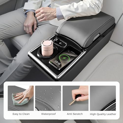 Image of Coverado Center Console, Universal Bench Seat Center Console with Wireless Charging & Cup Holder & 7 Light Modes, Truck Back Seat Car Organizer, Rear Central Car Armrest Box with Storage, Gray