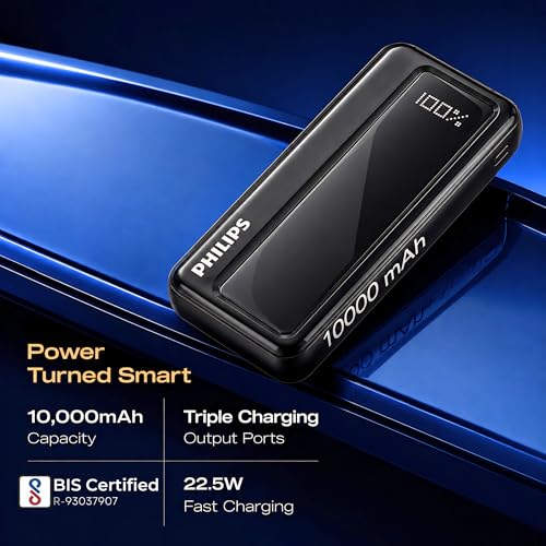 Image of Philips 10000mAh 22.5W Fast Charging Power Bank (Slate Black) with Digital LED Display | Type-C & USB-A Input /Output | 3 Output Ports | Lithium Polymer Battery | Portable for Mobile, Tablet & Earbuds