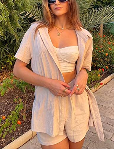 apafes women summer cotton linen short sets 2 piece shorts top lounge beach vacation two piece outfits tracksuits