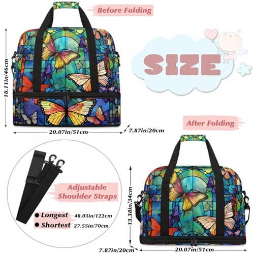 Large Weekender Overnight Bags Glass Colorful Butterfly Travel Duffel Bag for Women Men Gym Bag With Shoe Compartment Foldie Travel Tote Bag Carry On Personal Item Bag for Travel Gym Sports2
