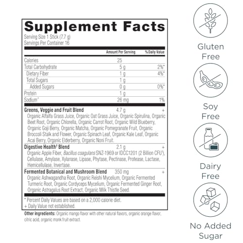 Ancient Nutrition SuperGreens Powder with Probiotics, Organic Mango Flavor Greens, Made from Real Fruits, Vegetables and Herbs, Digestive and Energy Support, 16 Stick Packs, 4.3oz - Image 3