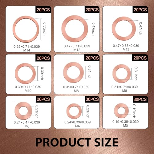 Image of Pack-200 Car Flat Gasket Combination Set, Oil Pan Plug Leak-Proof Sealing Gaskets, M5 M6 M8 M10 M12 M14 9 Specifications Copper Metric Washers with Storage Box, Universal for Most Cars (Gold)