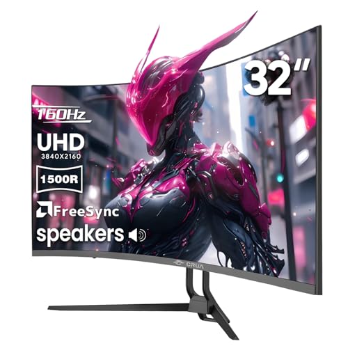 CRUA 32" Curved Gaming Monitor, 4k UHD(3840 * 2160P) VA Screen, 1500R, 144Hz/160Hz Computer Moniter Supports Freesync, 120% sRGB, Built-in Speakers, HDMI 2.0 & DP 1.4, Wall Mountable-Black
