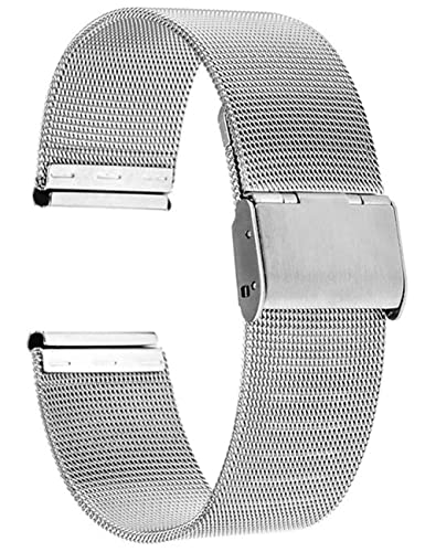 Reinherz 腕時計用ベルト 時計バンド 光沢 防水 ステンレス鋼 スライド式 バックル クラシック ミラネーゼ メッシュ ベルトメタル ブレス バンド ワンタッチ バネ棒外し付属 男女兼用(シルバー 17o)