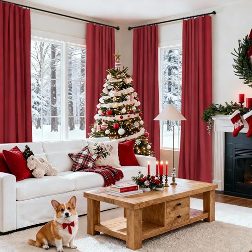 Image of INOVADAY 100% Blackout Curtains for Bedroom, Ruby Red Black Out Curtains 84 Inch Long, Clip Rings Linen Blackout Drapes, Thermal Insulated Room Darkening for Living Room, 2 Panels - W50xL84