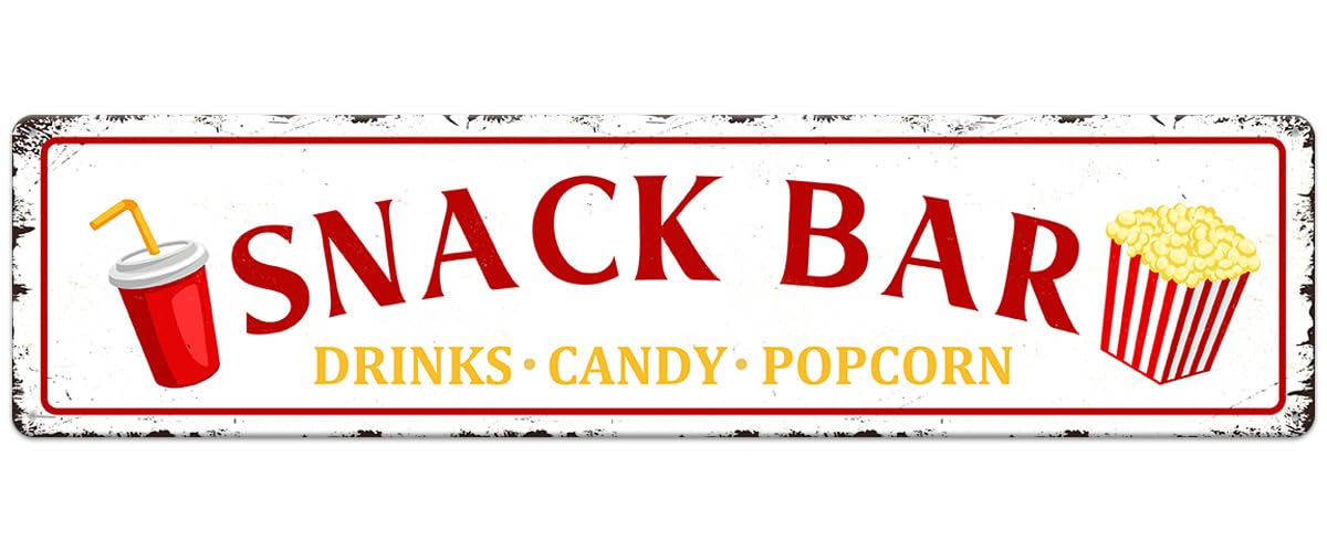Snack Bar Drinks Candy Popcorn Metal Tin Sign Vintage Art Poster Plaque Snack Bar Pub Cafe Kitchen Home Wall Decor Novelty Gift 16" x 4" Retro Street