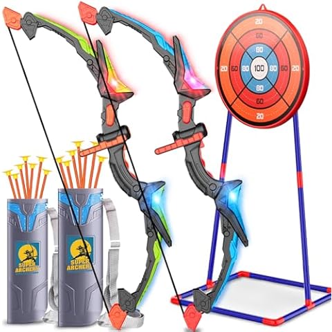 Hhobby Stars Kids Bow and Arrow Toy, 2 Sets, LED Light-Up Archery Set with Suction Cup Arrows, Safe Indoor & Outdoor Shooting Game Toys for Boys & Girls, 100 Point Target, Ages 4-12 Years Cover