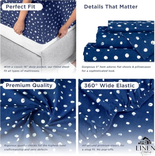 Image of Linen Home 100% Cotton Printed Percale Sheets Cal King Size, Polka Navy