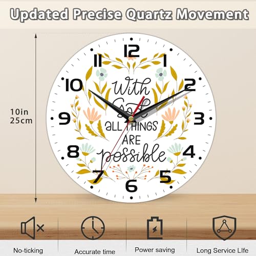 Demacya Wall Clock, With God All Things Are Possible Wall Clocks Vintage Wooden Battery Operated Non Ticking 10 Inch Clock Silent Art Bedroom Kitchen Clock Home Decor For Girls Kids thumb #1