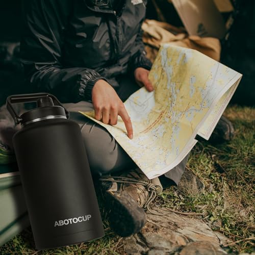 Image of ABOTOCUP 2 Gallon Water Jug with Wide Mouth, 256oz Insulated Water Bottle Keep Cold24h&Hot12h, Comes with Ergonomic Handle, Two Double Walled 16oz 18 /8 Stainless Steel Cups Thermo Canteen Mug