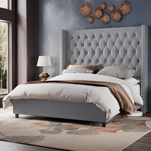 Jocisland Queen Size Bed Frame 61.4" Tall Headboard, Velvet