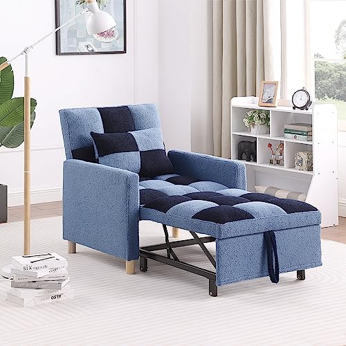 Otnqu Sleeper Chair Bed,Convertible Single Sofa Chair Bed with Pillow,Pull Out Sleeper Bed with Adjustable Backrest,Multi-Functiona Lounge Chair with Teddy Fabric for Living Room(Blue)