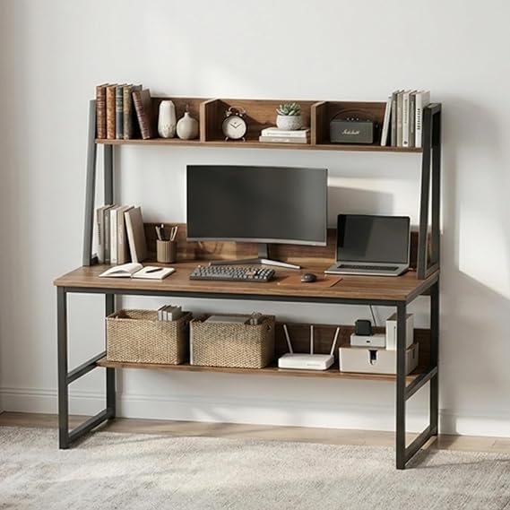 Image of Amazon Brand - Solimo Computer Desk with Hutch | Home Office Desk with Space-Saving Design & Bookshelf | Ideal for Small Spaces | TBS Tower - Asian Walnut | DIY Installation