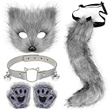 ZDQC Katze Fuchs Cosplay, Pelzige Katze Fuchs Maske,Furry Schwanz,Maske und Handschuhe,Furry Schwanz,Halloween Party Cosplay Kostüm Accessoire (Grau)
