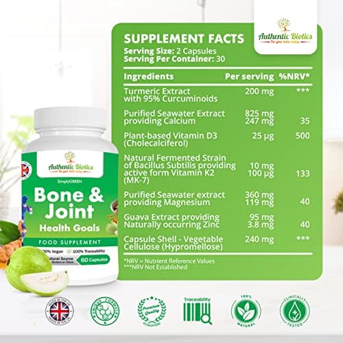 Bone & Joint Health Goals, 100% Natural Ingredients for Bone Health, Joint Care Supplements with Vegan Vitamin D3 K2, Calcium Magnesium Zinc and Turmeric, Multivitamins for Women and Men, 60 Capsules