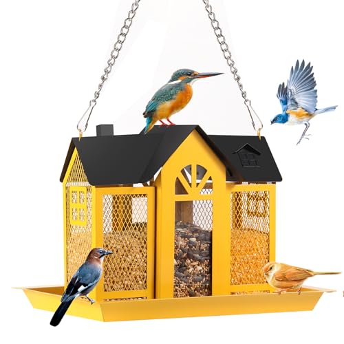 GOYOXOKY Aufhängen Vogelfutterstation, Metall Wildvogel-Futterspender, Große Kapazität Futterstelle, Vogelvilla für Garten Hängende Vogelhäuschen für Gärten, Terrassen, Decks und Rasenflächen, Gelb