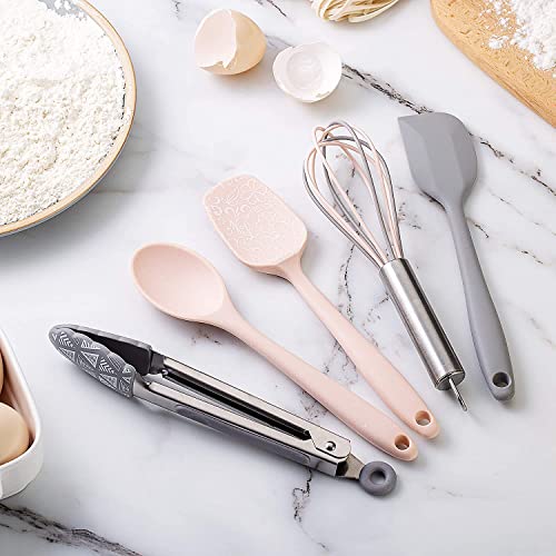 Cook With Color Set of Five MINI Kitchen Utensil Set - Silicone Kitchen Tools, Whisk, Tong, Spatula, Spoonula and Spoon (Pink Collection)