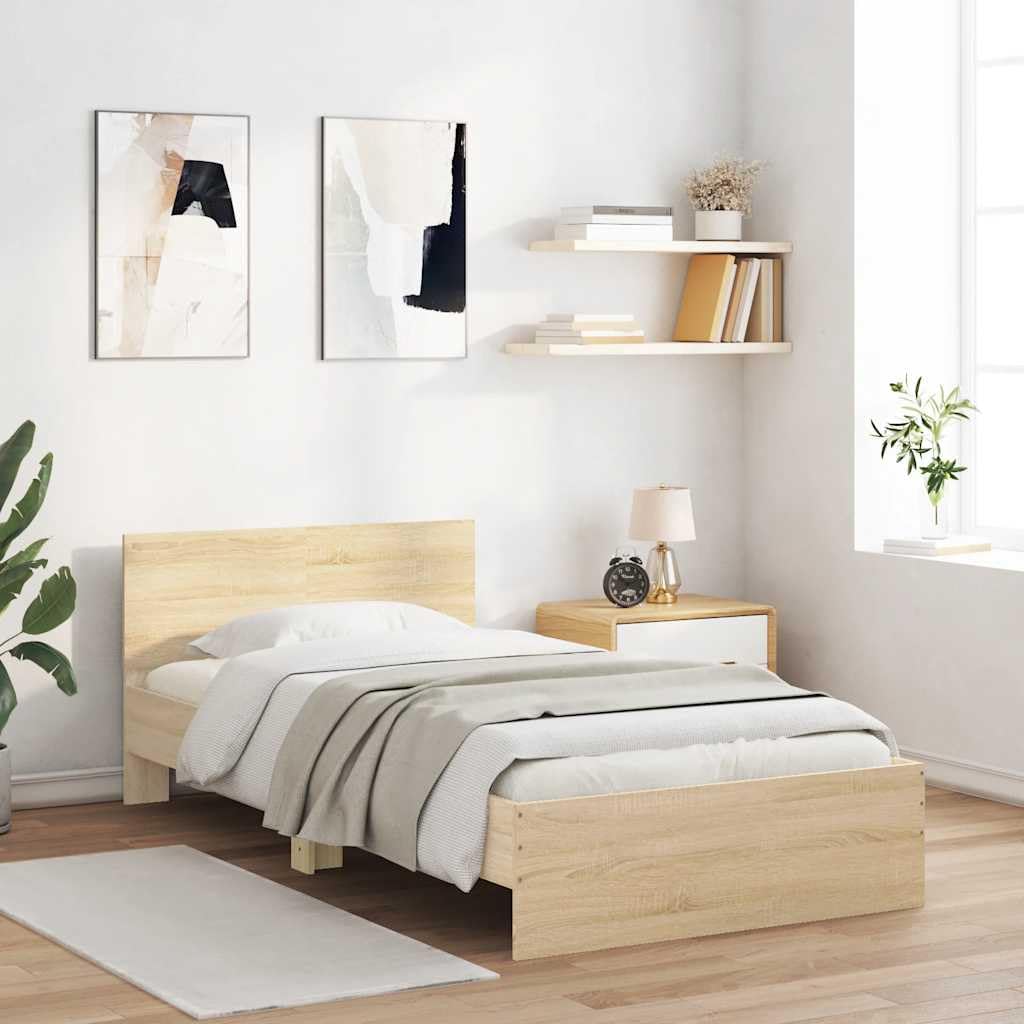 vidaXL Bedframe met hoofdeinde bewerkt hout betongrijs 90x200 cm, bed, bed ombouw, eenpersoonsbed, bedbodem, slaapkamermeubel, 1 persoonsbed