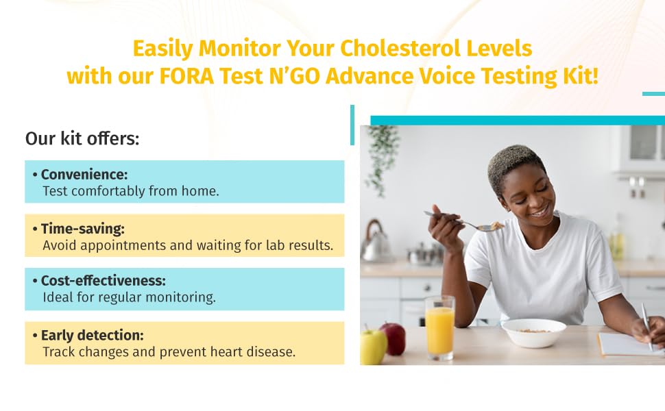 FORA Test N’GO Advance Voice Cholesterol Kit – 10 Total Cholesterol Strips + 10 Lancets | Bluetooth Meter (Optional App Sync) & Voice Guidance - Image 7