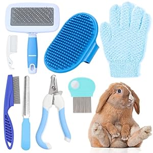 VCZONE Small Animal Grooming Set: Pet Nail Clipper & File, Flea Comb, Shampoo Brush, Shedding Slicker Brush, Massage Glove, Cleaning Comb (Blue)