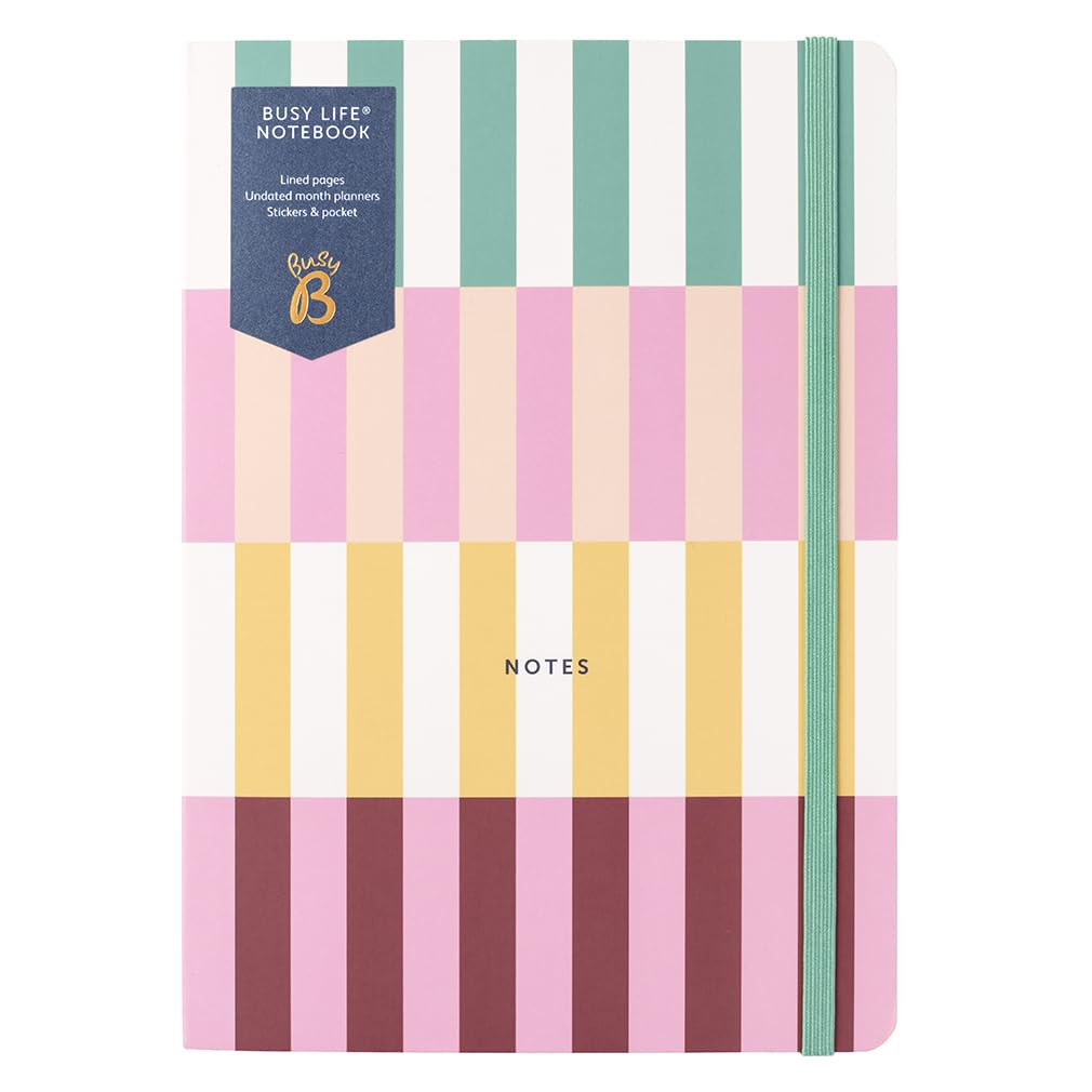 Busy B A5 Busy Life Notebook - Multicoloured Cover - Perfect for Students, Teachers, Work & More with Lined Pages, Undated Month Planners, Stickers, Storage Pocket & Elastic Closure Band