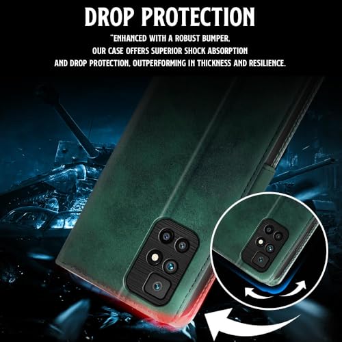 Image of WOW IMAGINE Shock Proof Flip Cover Back Case for Xiaomi Mi Redmi 10 Prime (Magnetic Button Flip Case | Wallet Pockets & Stand | Leather Finish | Forest Green)