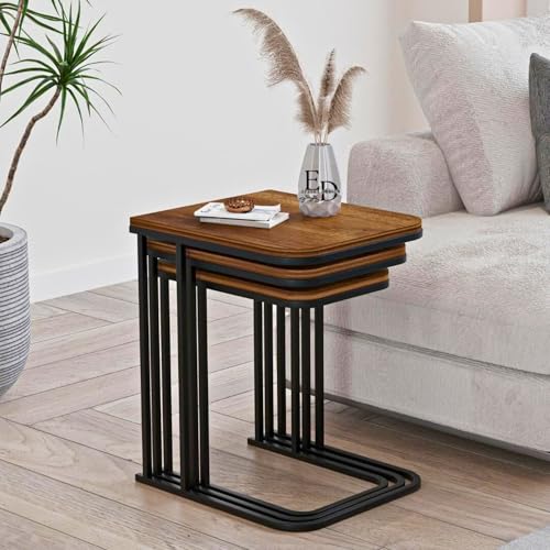 EMIDECO Tables gigognes Lot de 3 Bois foncé métal Noir – Tables d’appoint empilables Salon Modernes – Ensemble Tables Gain de Place Design Industriel
