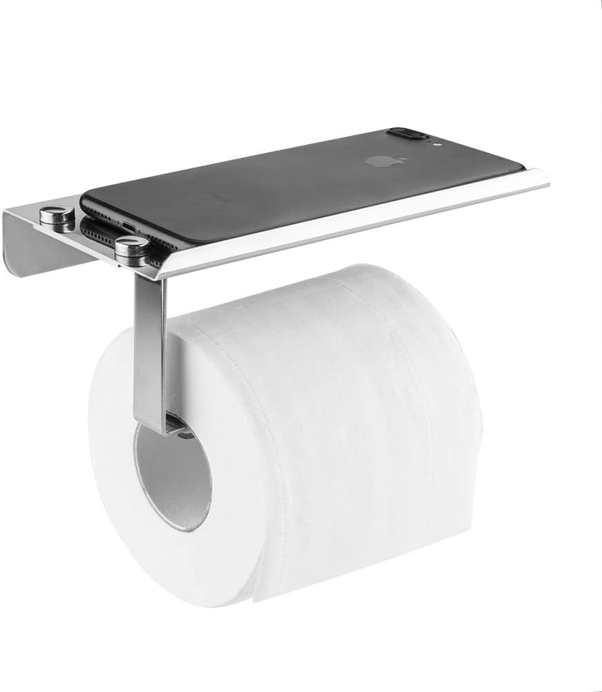devesanter Toilet Roll Paper Holder Wall Mounted Self Adhesive Bathroom Tissue Dispenser Stainless Steel Toilet Paper Roll Storage with Mobile Phone Holder Stand