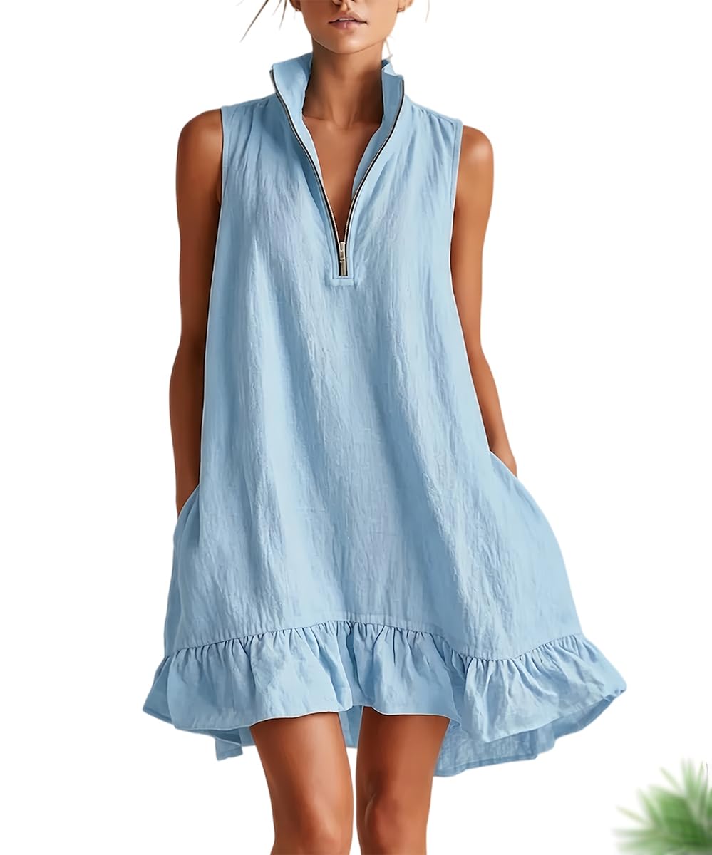 Generico Abito Corto da Donna Arancione in Cotone e Lino, con Mezza Zip, Colletto Alto e Orlo a Balze, Perfetto per L'Estate, Stile Boho Casual.